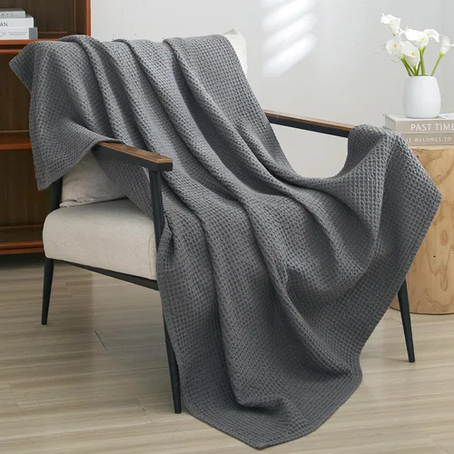 Miniatura 17 de PHF - Manta de punto gofre 100% de algodón tamaño king para cama, cobija ligera transpirable a prueba de engancho, ideal para acolchado en climas