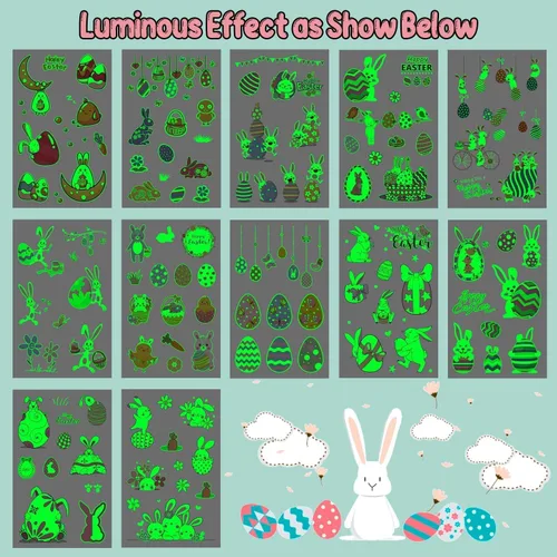 Miniatura 4 de Partywind 132 piezas (12 hojas) tatuajes temporales luminosos de Pascua para rellenar cestas de niños, decoraciones de Pascua brillantes