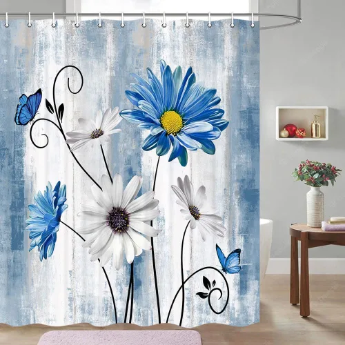 Miniatura 14 de JAWO Cortina de ducha con diseño floral de margaritas azules, cortina de ducha rústica de granja y mariposa en el campo, juego de cortinas de ducha