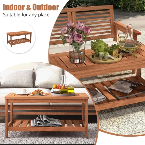Miniatura 7 de Tangkula Mesa de centro de madera para exteriores, mesa de centro de patio de 2 niveles con mesa de madera dura de listones y estante