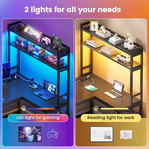 Miniatura 5 de SEDETA Escritorio para juegos en forma de L, escritorio esquinero pequeño reversible de 45.3 pulgadas con toma de corriente y luces LED, escritorio