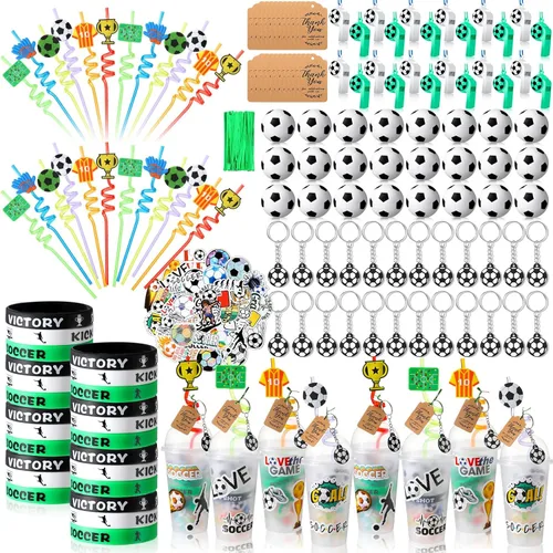 Weysat Juego de 268 piezas de recuerdos de fiesta de fútbol para 24 personas, regalos de cumpleaños, tazas de golosinas con pajitas, llaveros,