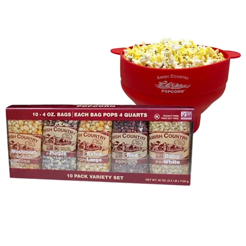 Amish Country Popcorn - Juego de regalo de 4 onzas (10 unidades surtidas) y paquete de palomitas de maíz de silicona roja | El juguete para reventar