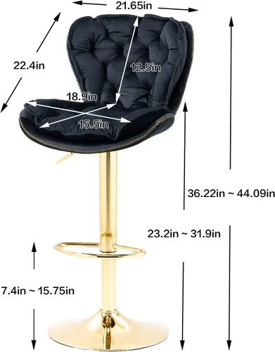 Miniatura 3 de Deolme Taburetes de bar giratorios de terciopelo negro, juego de 2 sillas de bar modernas ajustables de altura de mostrador, taburetes de bar