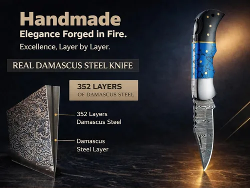 Miniatura 8 de Cuchillo de bolsillo de damasco personalizado para hombres - Cuchillo plegable de caza de acero sólido de 133 capas hecho a mano con afilador y azul