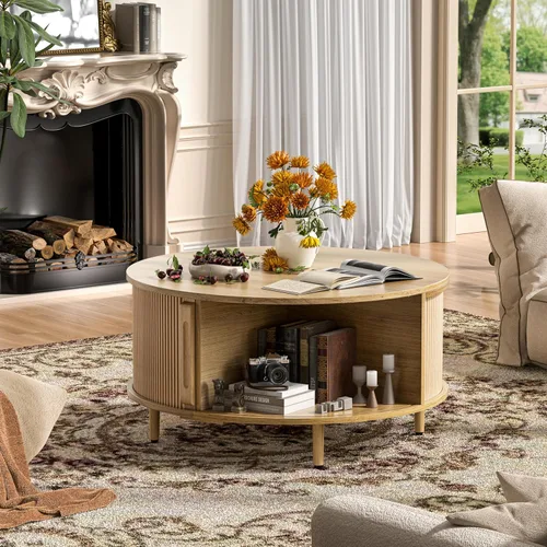 Miniatura 5 de Mesa auxiliar redonda, mesa central acanalada de 31.5 pulgadas con almacenamiento, mesa de centro elevable con almohadillas ajustables, puerta