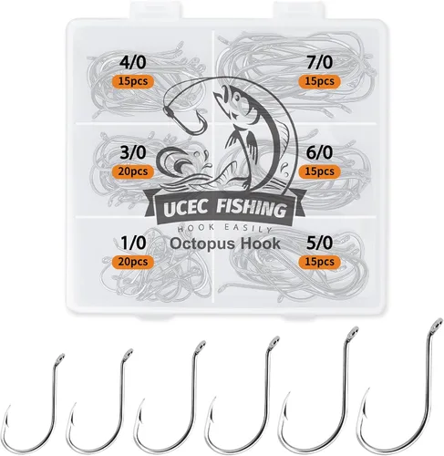 UCEC Ganchos circulares de pesca de pulpo para agua salada y dulce, juego de ganchos de pesca compensados de acero de alto carbono para bagre trucha