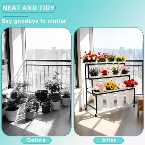 Miniatura 6 de Soporte de exhibición de flores de 3 niveles, soporte móvil de metal para plantas con 12 cubos, carrito de flores con ruedas, adecuado