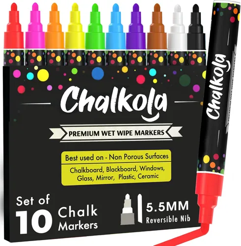 Miniatura 8 de Chalkola Marcadores de ventana – 0.591 in Jumbo – Punta 3 en 1 con tinta de 0.99 oz – Paquete de 10 bolígrafos de tiza neón – Amados por profesores