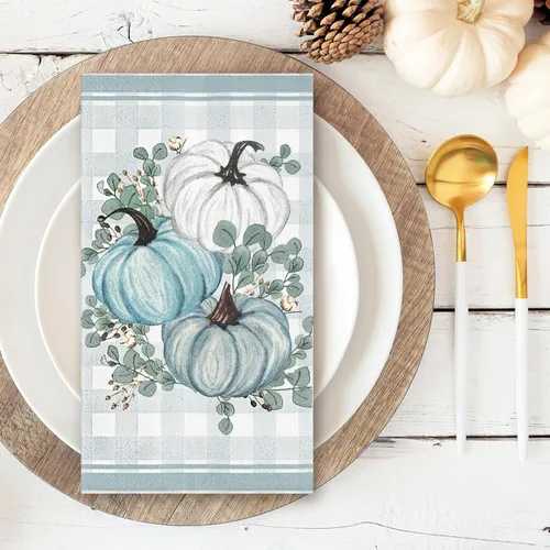 Miniatura 6 de Whaline 100 servilletas desechables de calabaza de otoño azul y blanco para Acción de Gracias, servilletas de mano para otoño, vacaciones, fiesta