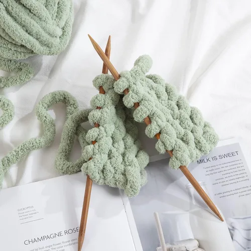 Miniatura 7 de Hombys Hilo de felpilla gruesa verde salvia para tejer a ganchillo y tejer, hilo grueso y esponjoso súper voluminoso para tejer a mano manta, hilo