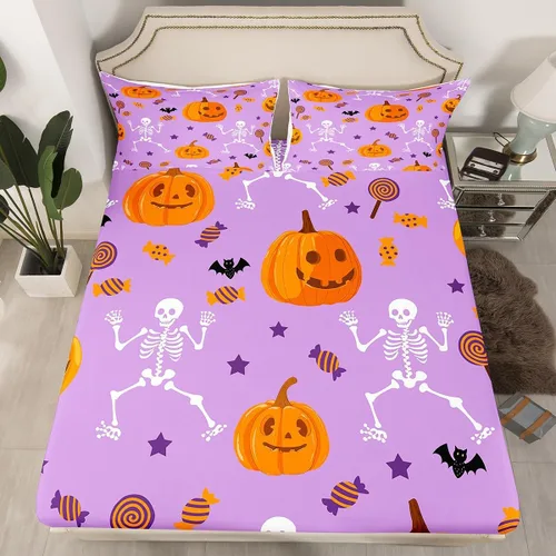 Miniatura 8 de Juego de ropa de cama de Halloween con patrón de sombras kawaii, sábana bajera tamaño queen, decoraciones de calabaza, luces de calabaza góticas
