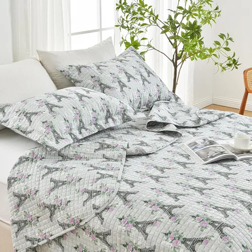Miniatura 4 de HollyHOME Juego de edredón de 2 piezas tamaño Twin de la Torre Eiffel con diseño floral rosa sobre gris, cubrecama, incluye 1 edredón, 1 funda
