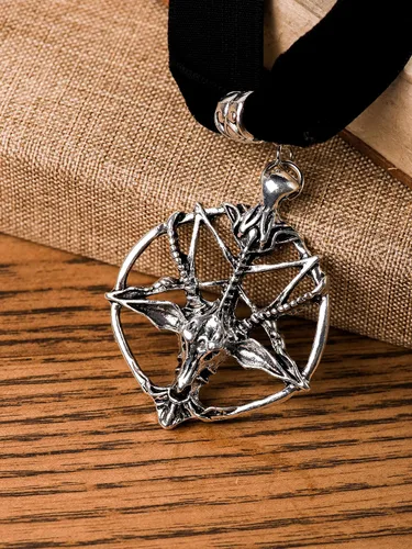 Miniatura 5 de Sacina Gargantilla gótica de baphomet, gargantilla de calavera de pentagrama negro, collar gótico, gargantilla gótica, gargantilla gótica