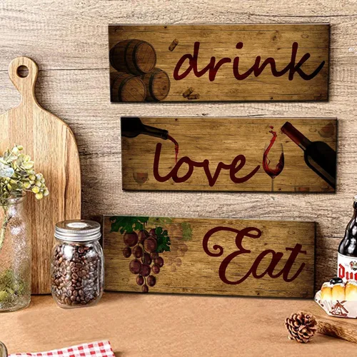 Miniatura 2 de 3 piezas de arte de pared de vino tinto con diseño de barril de madera, para comer, beber, letreros de madera para decoración de cocina, frutas