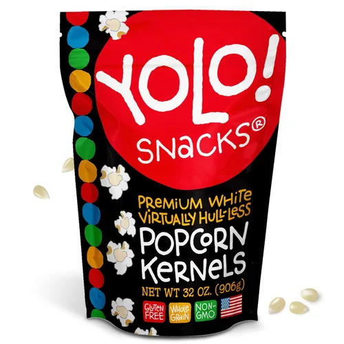 YOLO! Granos de Palomitas de Maíz Gourmet Virtualmente Sin Cáscara, Maíz para Palomitas Mariposa Blanco Premium, Sin OGM, Sin Gluten, Vegano, Bolsa
