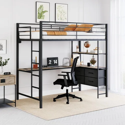 Miniatura 9 de VINGLI Base de cama individual de metal con barandilla de seguridad de 15 pulgadas, escalera antideslizante, 2 estaciones de carga, escritorio