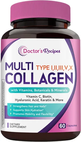 Doctor's Recipes Péptidos de colágeno múltiple, tipo I, II, III, V, X, 1000 mg por porción, vitamina C, biotina, ácido hialurónico, queratina,