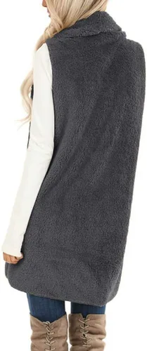 Miniatura 4 de ReachMe Chaleco de sherpa sin mangas para mujer con bolsillos con solapa frontal abierto de forro polar, suéter mullido