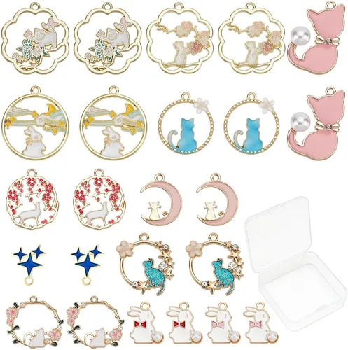 Miniatura 16 de SUNNYCLUE 1 caja de 16 piezas de 8 estilos esmaltados de flores, gato, Pascua, vacaciones, conejo, dijes de aleación de flores de esmalte a granel