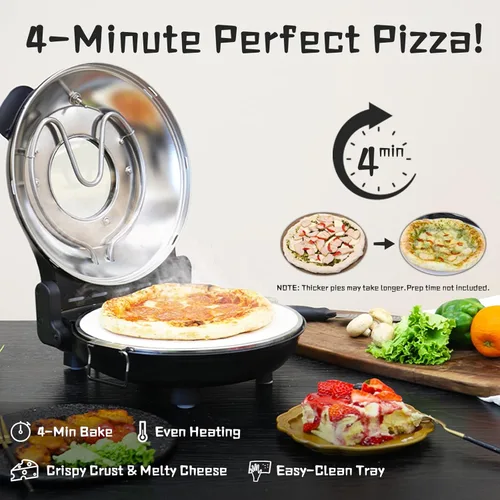 Miniatura 2 de Horno de Pizza de Piedra, Máquina Eléctrica para Pizza de Interior de 12'', Máquina para Hacer Pizza de Encimera de 1200W con Control Dual de Negro