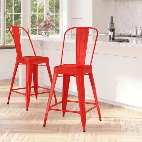 Merrick Lane Taburete de altura de mostrador de la serie Dothan - Acabado rojo - Marco de metal con soporte cruzado - Práctico respaldo extraíble -