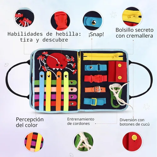 Miniatura 5 de Libro Ocupado para Niños Pequeños - Tablero Ocupado Montessori con Actividades Sensoriales para Aprender Habilidades Motoras Finas, Juguetes de Azul