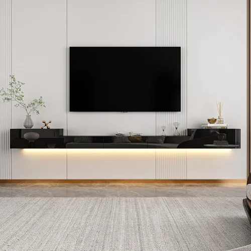 Miniatura 9 de AIEGLE Soporte flotante para TV montado en la pared, centro de entretenimiento de alto brillo con 3 cajones y luces LED de 16 colores, estante