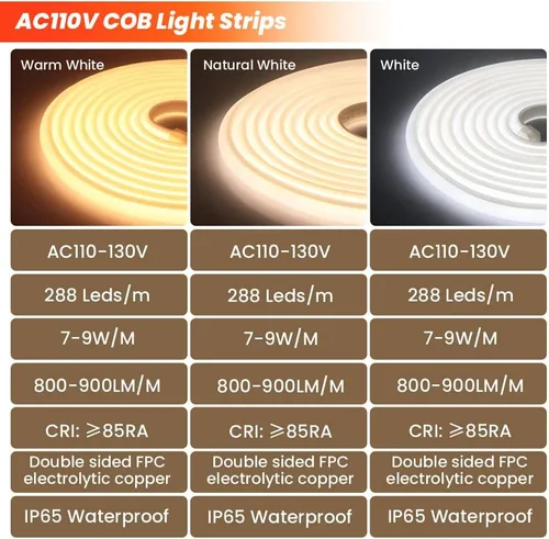 Miniatura 3 de KISUFU COB - Tira de luces LED, luces LED de neón de 110 V, 288 luces LED recortables, tiras de neón flexibles COB, interruptor de correa