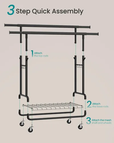 Miniatura 6 de SONGMICS Perchero de Ropa, Perchero de Ropa Rodante de Servicio Pesado con Ruedas, Barras Colgantes Dobles Extensibles y Altura Ajustable, Portátil
