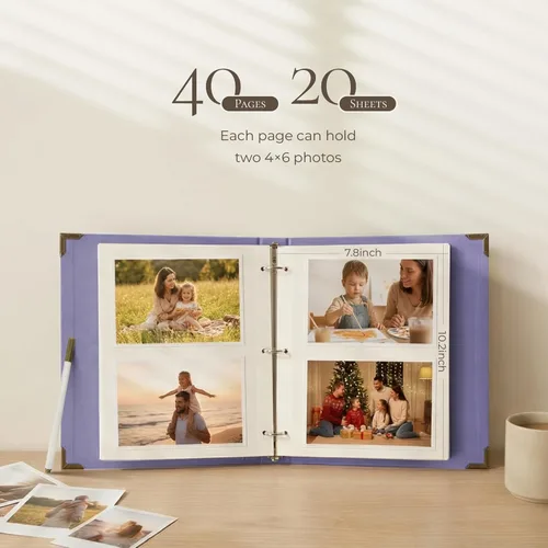Miniatura 5 de Vienrose Álbum de fotos autoadhesivo de 40 páginas, tapa dura DIY, álbum de recortes con 3 anillas para niños, bodas, bebés, familia, púrpura Morado