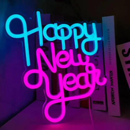 Letrero de neón con texto en inglés «Happy New Year» para decoraciones de Año Nuevo, gran cartel de luz LED para fondo de fiesta de Año Nuevo,