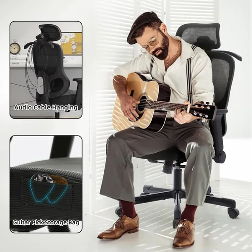 Miniatura 6 de Silla ergonómica de oficina reclinable para juegos, soporte lumbar ajustable, reposabrazos 6D, reposacabezas de malla transpirable, giratorias, Negro