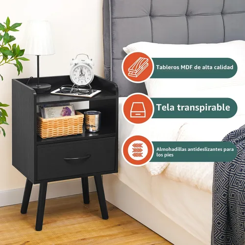 Miniatura 4 de Yoobure - Mesita de noche con cajón de tela, mesita de noche moderna, mesas de cabecera, mesitas de noche de mediados de siglo con estante de Negro