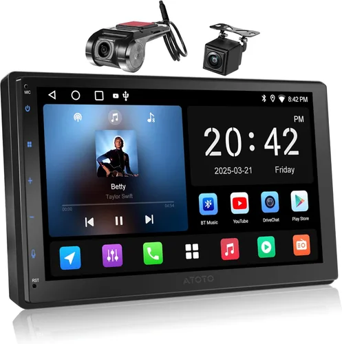 ATOTOZONE A5L - Estéreo Android de doble DIN para automóvil de 7 pulgadas con cámara de tablero DVR de 1080P y cámara de respaldo, CarPlay Android