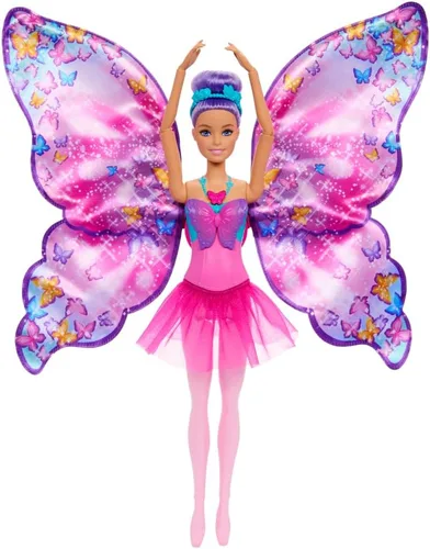 Miniatura 9 de Barbie Muñeca Dance and Flutter con transformación 2 en 1 de bailarina a mariposa con alas de apertura, cabello morado, tocado y tutú extraíble