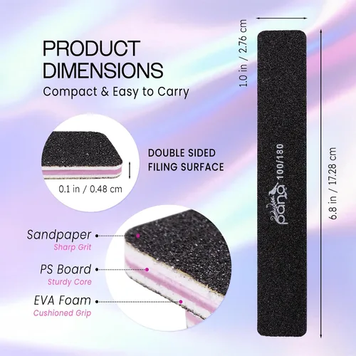 Miniatura 3 de PANA Lima de uñas Emery Jumbo de doble cara para manicura, pedicura, uñas naturales y acrílicas, color negro (grano 100/180), paquete de 50