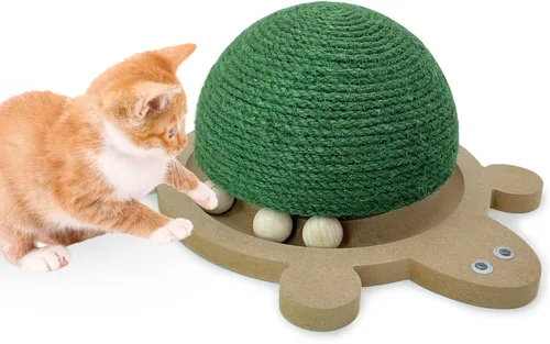 Fhiny Pelota rascador para gatos, juguete rascador de sisal natural con pista de rodillos y base de madera con forma de tortuga para gatos de
