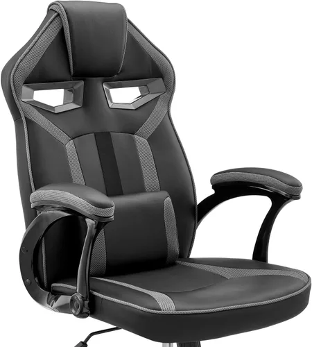 Miniatura 7 de Armen Living Aspect - Silla ajustable para juegos de carreras en piel sintética negra y malla gris oscuro con almohada de apoyo lumbar