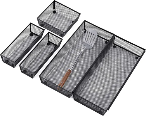 Miniatura 18 de Neudeco Juego de 5 organizadores de cajones, bandeja organizadora de cubiertos de 4 compartimentos + 4 bandejas de utensilios, organizador de Negro