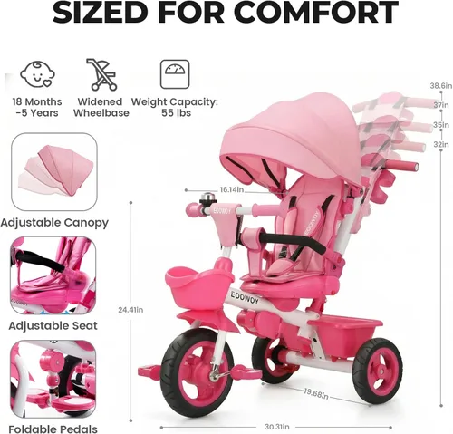Miniatura 3 de EOOWOY Triciclo para niños pequeños con mango de empuje, triciclo cochecito 7 en 1 con asiento giratorio de 360°, respaldo reclinable, ruedas