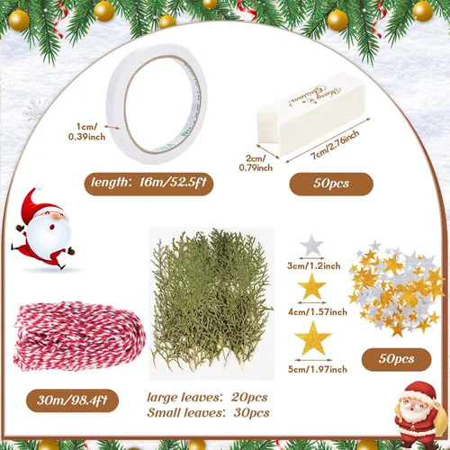 Miniatura 3 de Cholemy Juego de papel de regalo de Navidad de 15.7 pulgadas x 65.6 pies con ramas de pino natural, papel de estraza de algodón, calcomanías