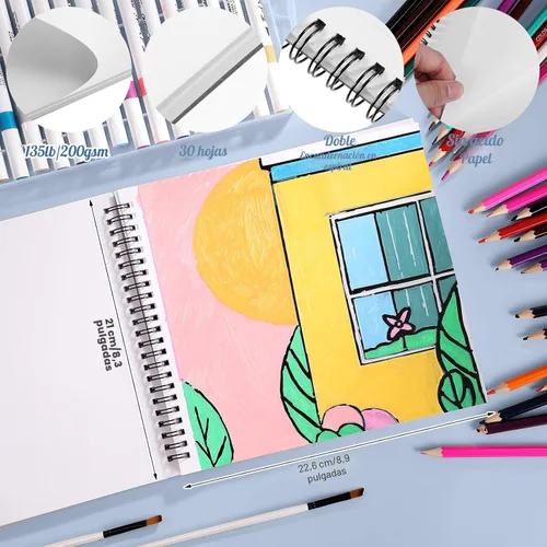 Miniatura 2 de Bloc de papel marcador de 135 libras/7.05 oz/m², 8.3 x 8.9 pulgadas, bloc de bocetos a prueba de sangrado, 30 hojas de papel de arte en espiral