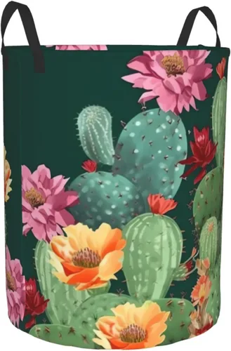 Miniatura 2 de Cesto circular con estampado floral de cactus, impermeable, cesta organizadora de lavandería, con asas, para ropa, juguetes, pequeña