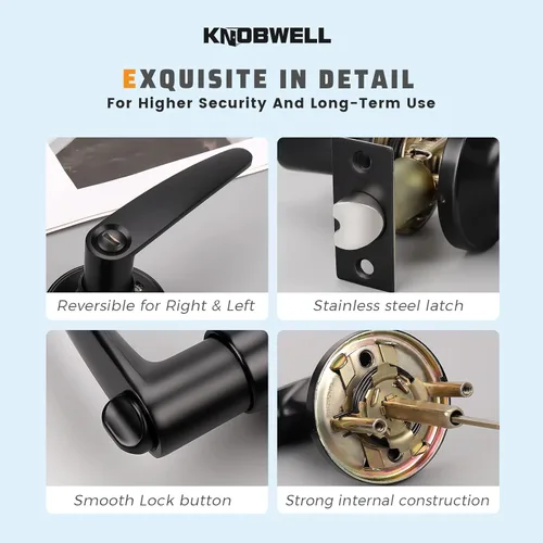 Miniatura 7 de KNOBWELL Juego de 10 manijas de puerta color negro mate, juego de manijas de puerta para privacidad para cama y baño, reversible para lado derecho