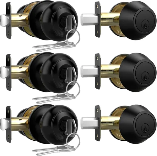 AEEKEL Pomo de puerta exterior con cerradura y llave, paquete de 3 pomos de puerta de entrada con llave igual para juego de cerradura de puerta