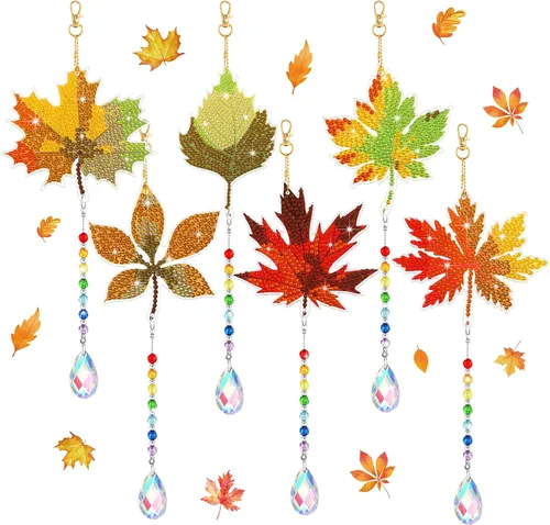 Yeaqee Juego de 6 llaveros de arte de diamantes de otoño para adultos, hojas de arce, pintura de diamante, campanillas de viento de doble cara 5D
