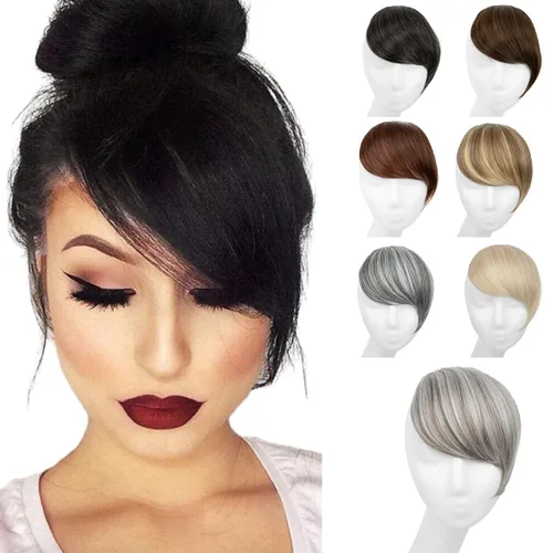 Miniatura 15 de SARLA Flequillo lateral negro marrón con clip en piezas de cabello sintético, extensión de flequillo recto para mujeres