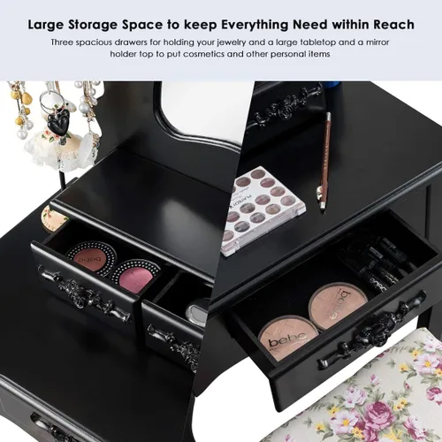 Miniatura 4 de LDAILY Juego de mesa de tocador con taburete acolchado, mesa de maquillaje con espejo transparente y 3 cajones de almacenamiento, escritorio