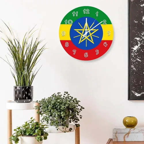 Miniatura 4 de Reloj de pared redondo de Etiopía con bandera de Etiopía, silencioso, sin tictac, relojes de pared para cocina, dormitorio, oficina, decoración